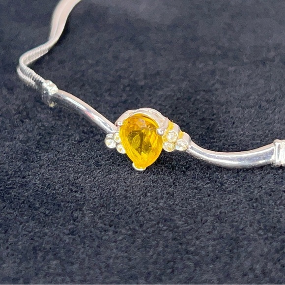 Silver Yellow Bracelet Fine Jewelry 7-8” Length Gemstone Herringbone Chain - Picture 3 of 6